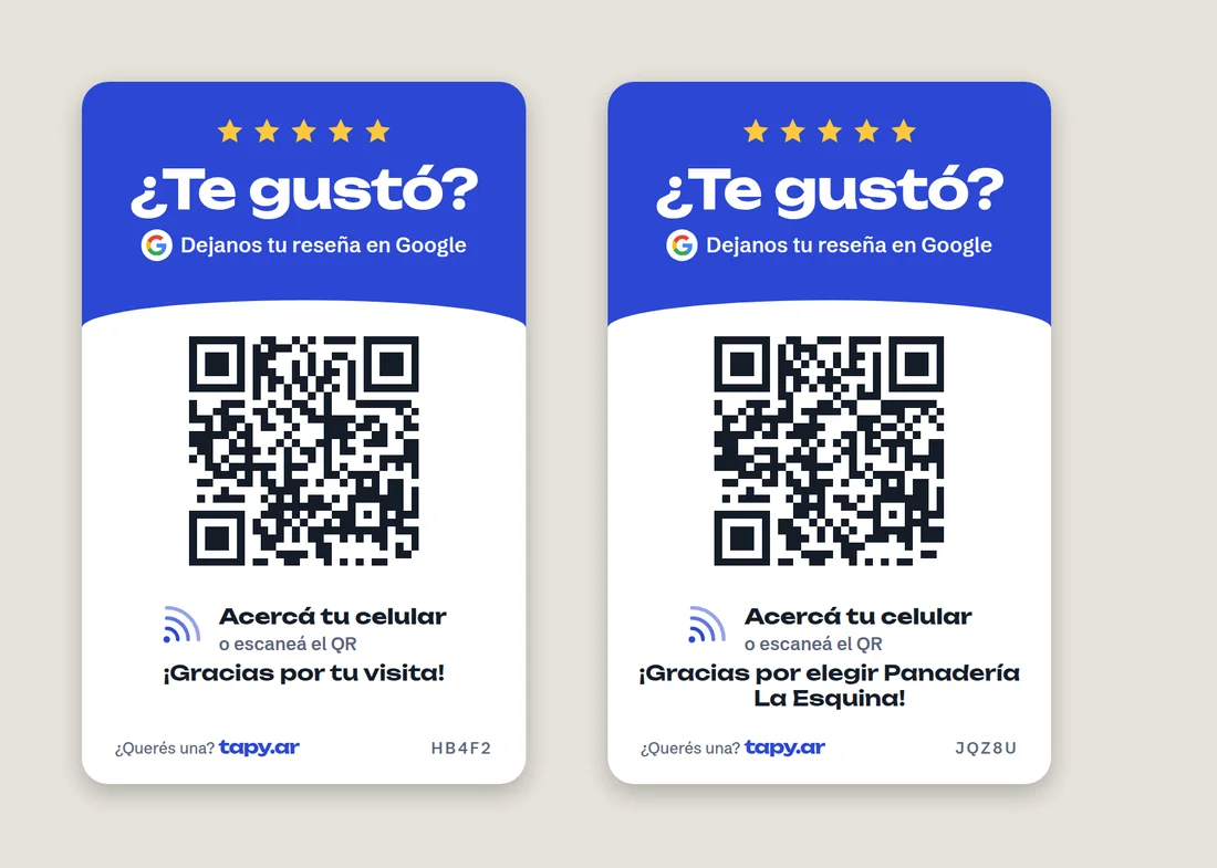 Dos tarjetas Tapy con QR, una con el nombre de un comercio de ejemplo